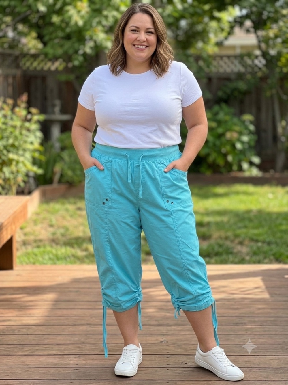 Dash Cargo Capri Pants XL Aqua Blue Cotton Stretch Utility Ruched Tie Crop Y2K